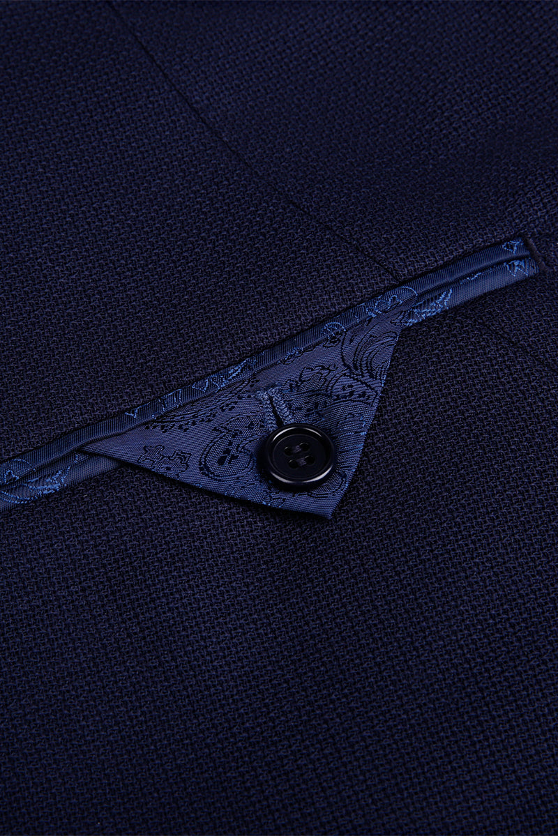 Custom jacket pocket and button inside tailored navy blue double-breasted blazer