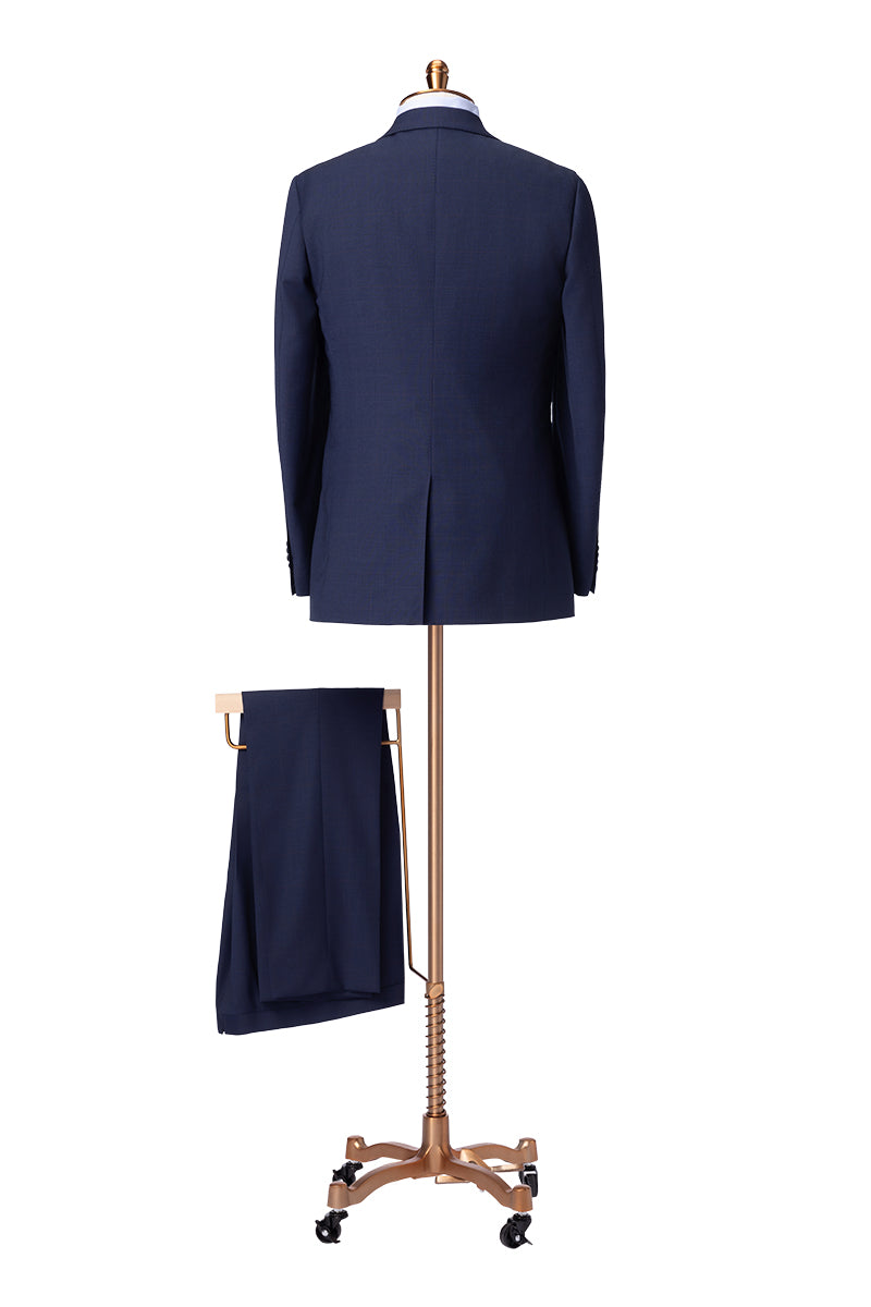Navy windowpane plaid suit styled for groom or formal event