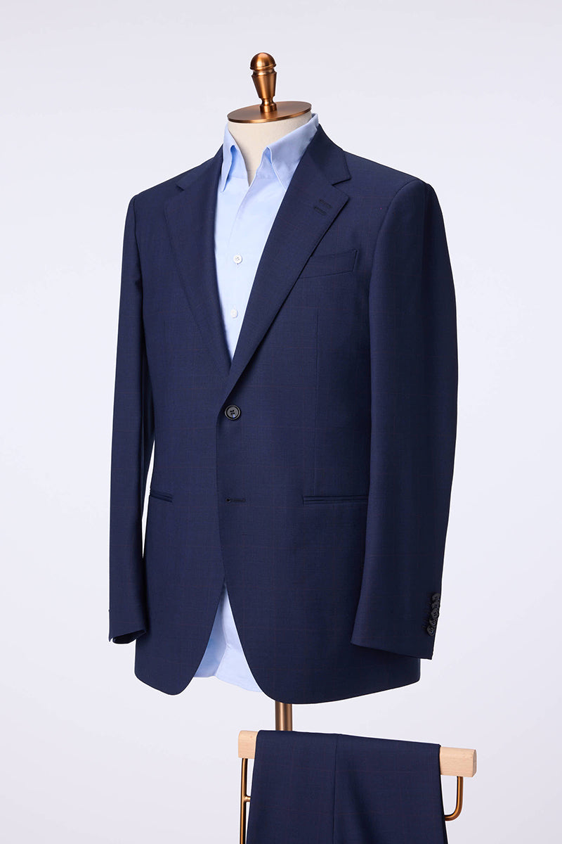 Custom navy plaid and windowpane suit with premium wool