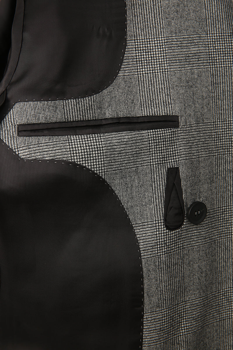 Luxury grey check fabric texture and lining on the inside of the bespoke Prince of Wales blazer