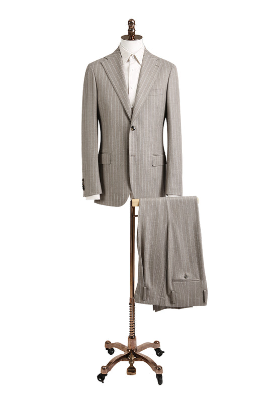 Bespoke tan pinstripe suit – luxury men’s fashion with custom tailored fit