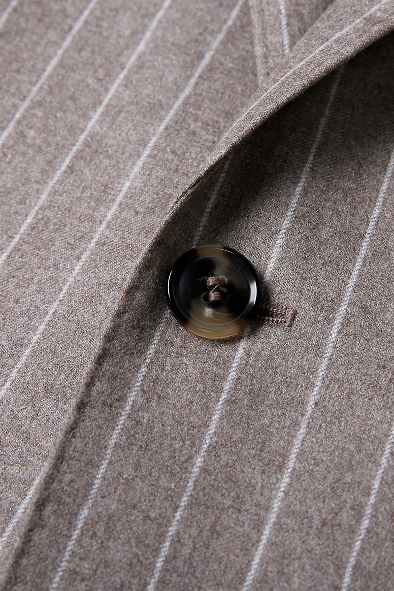Custom 2 button jacket on tailored tan pinstripe suit