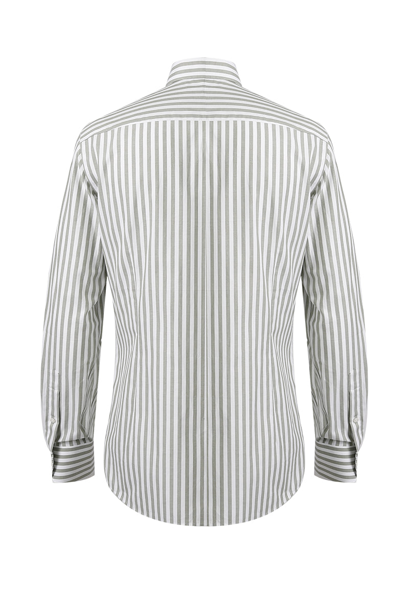 Sage green stripe dress shirt styled for business or wedding attire