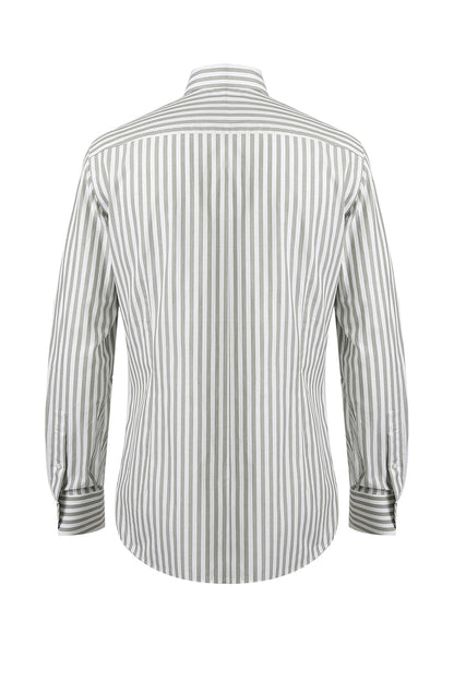 Sage green stripe dress shirt styled for business or wedding attire