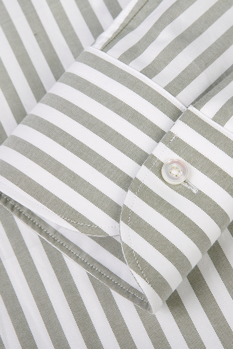 Luxury cotton fabric with sage green stripe pattern on bespoke shirt on custom sleeve 