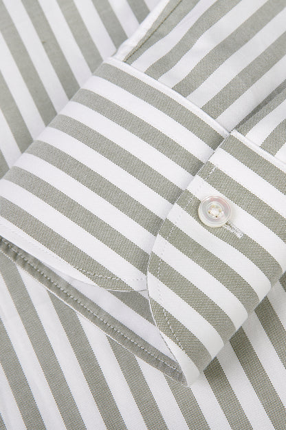 Luxury cotton fabric with sage green stripe pattern on bespoke shirt on custom sleeve 