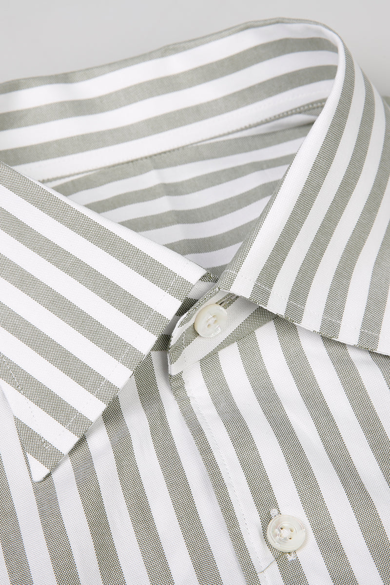 Custom collar and buttons on tailored sage green stripe shirt