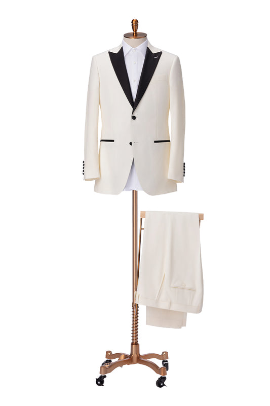 Bespoke white dinner jacket tuxedo with peak lapels – luxury men’s fashion with custom tailored fit